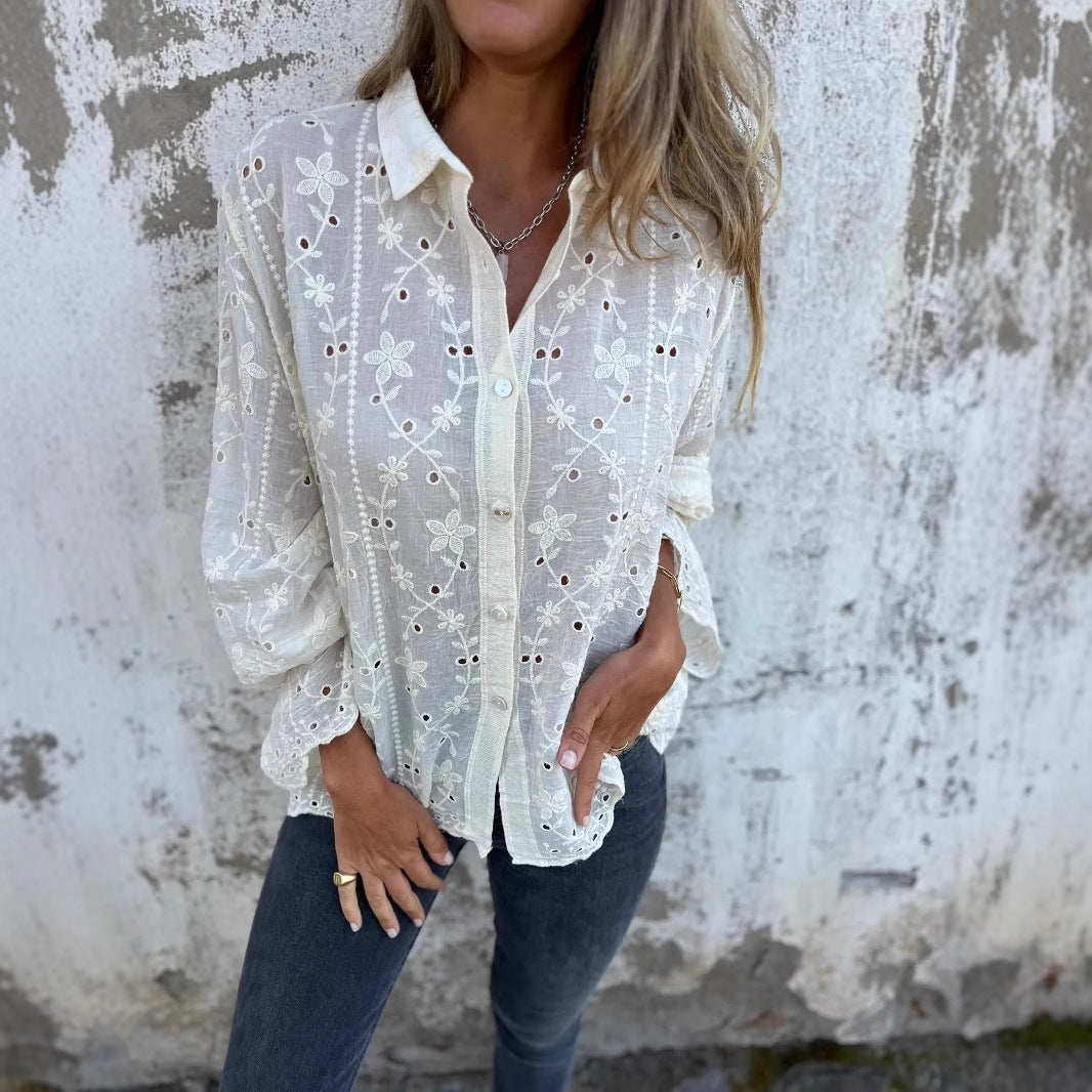 Women's Embroidered Hollow-Out Casual Blouse