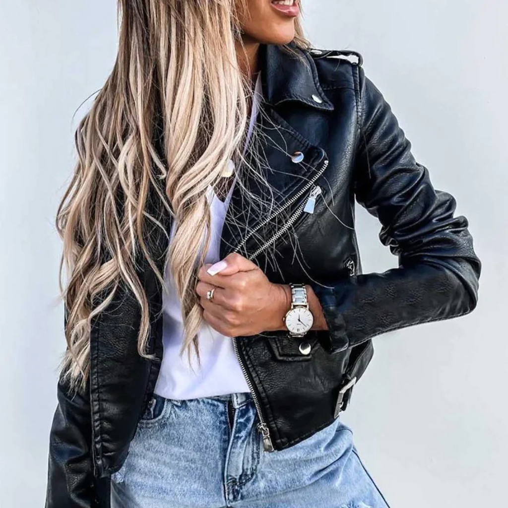 Women's Faux Leather Jacket with Stand-Up Collar and Belt