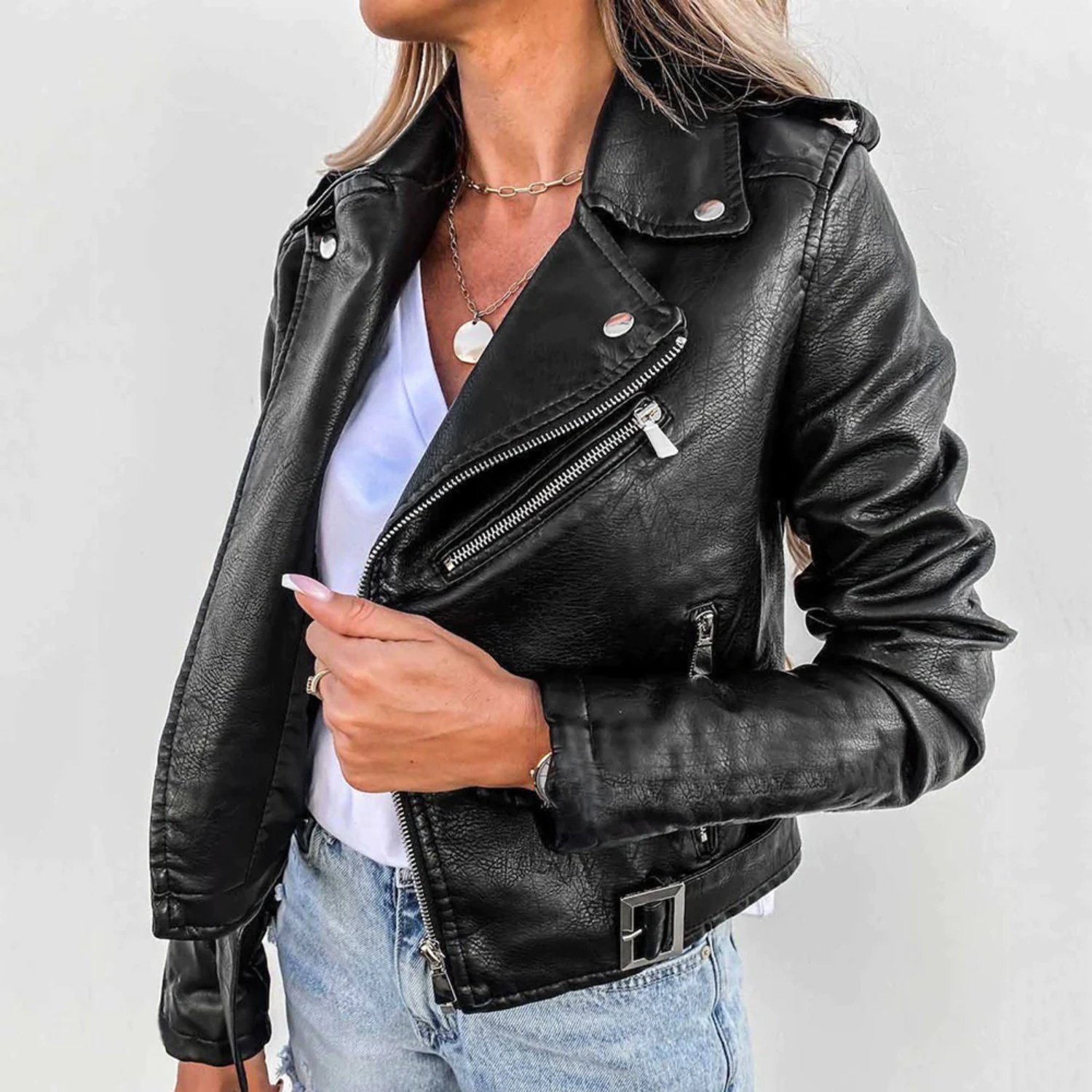 Women's Faux Leather Jacket with Stand-Up Collar and Belt