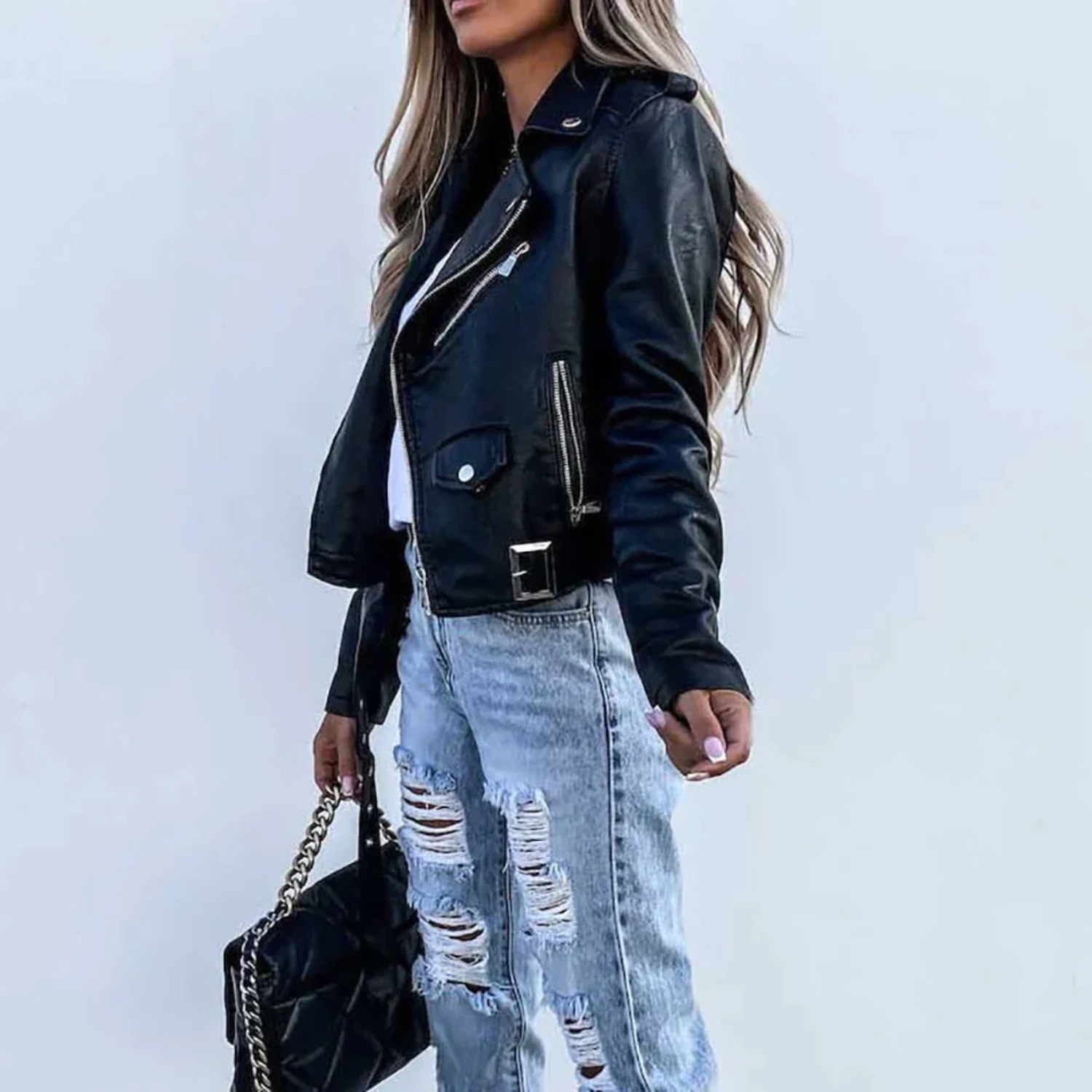 Women's Faux Leather Jacket with Stand-Up Collar and Belt