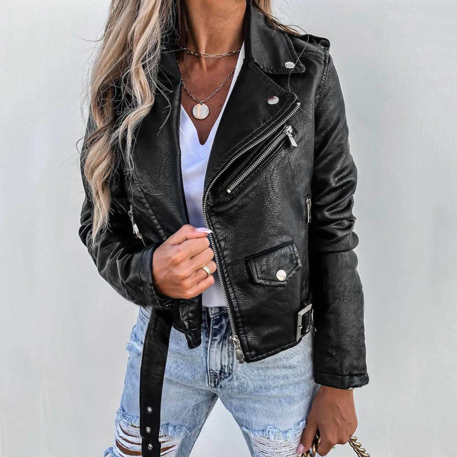 Women's Faux Leather Jacket with Stand-Up Collar and Belt