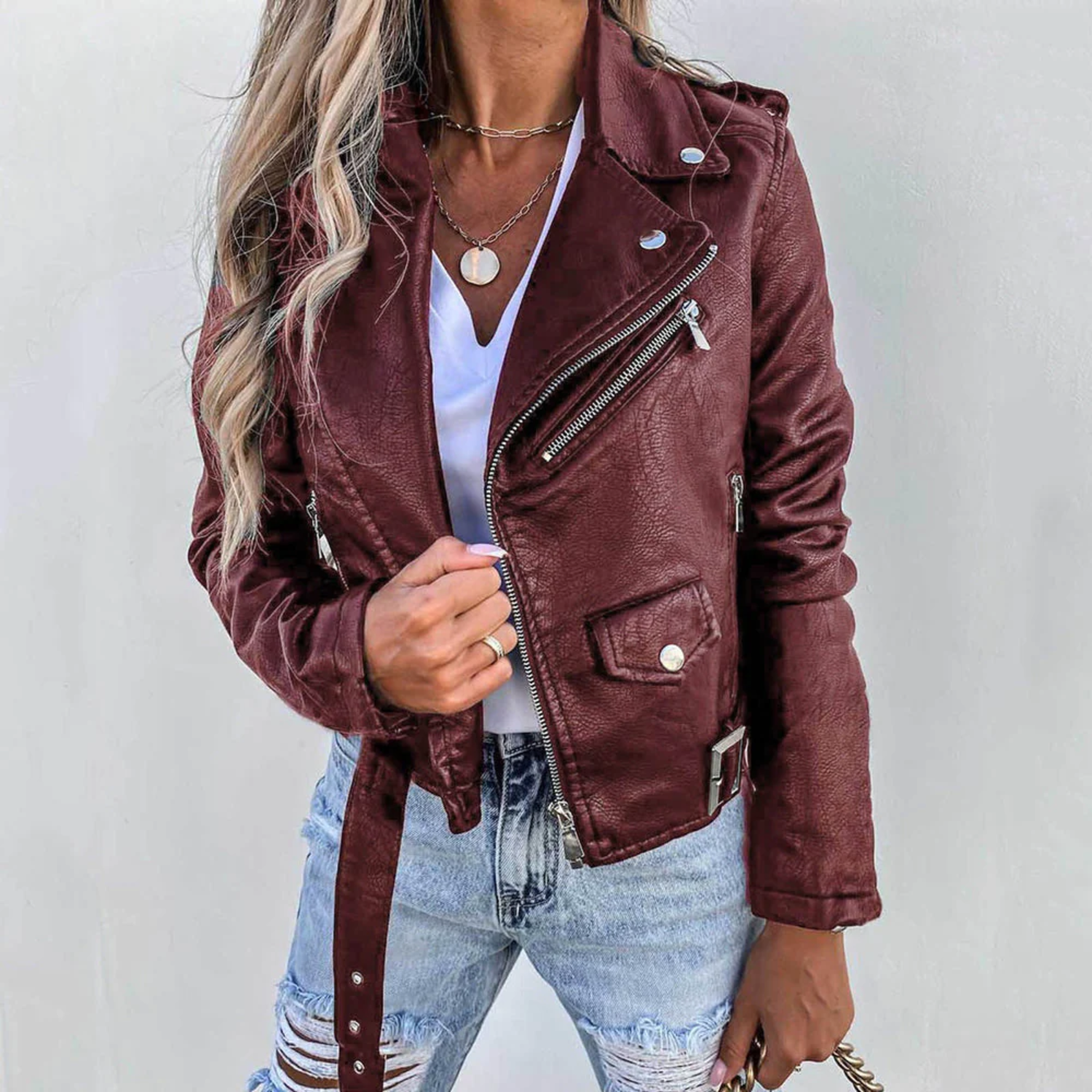 Women's Faux Leather Jacket with Stand-Up Collar and Belt