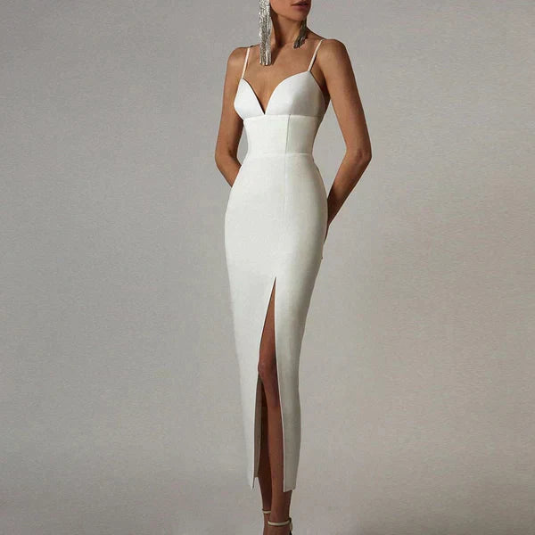 Women's Fitted Midi Evening Dress with Front Slit