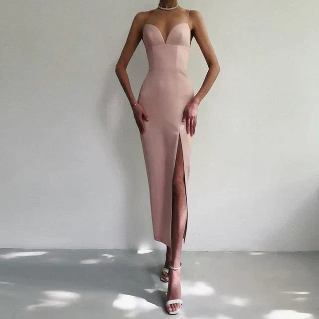 Women's Fitted Midi Evening Dress with Front Slit