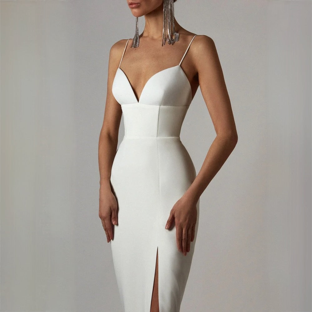 Women's Fitted Midi Evening Dress with Front Slit