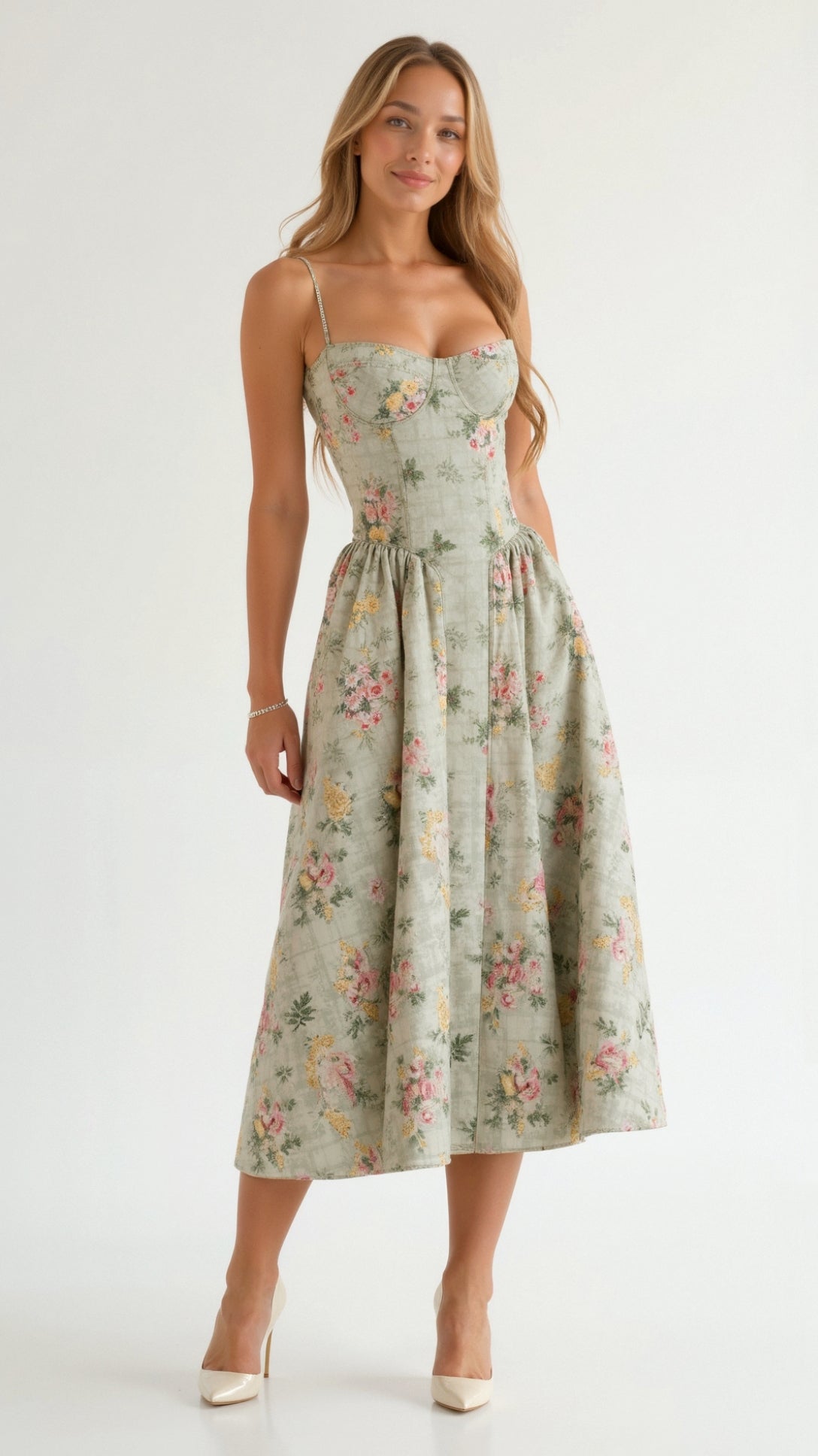 Women's Floral Corset Midi Dress for Summer Events