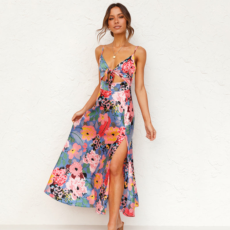 Women's Floral Maxi Dress with Tie Front