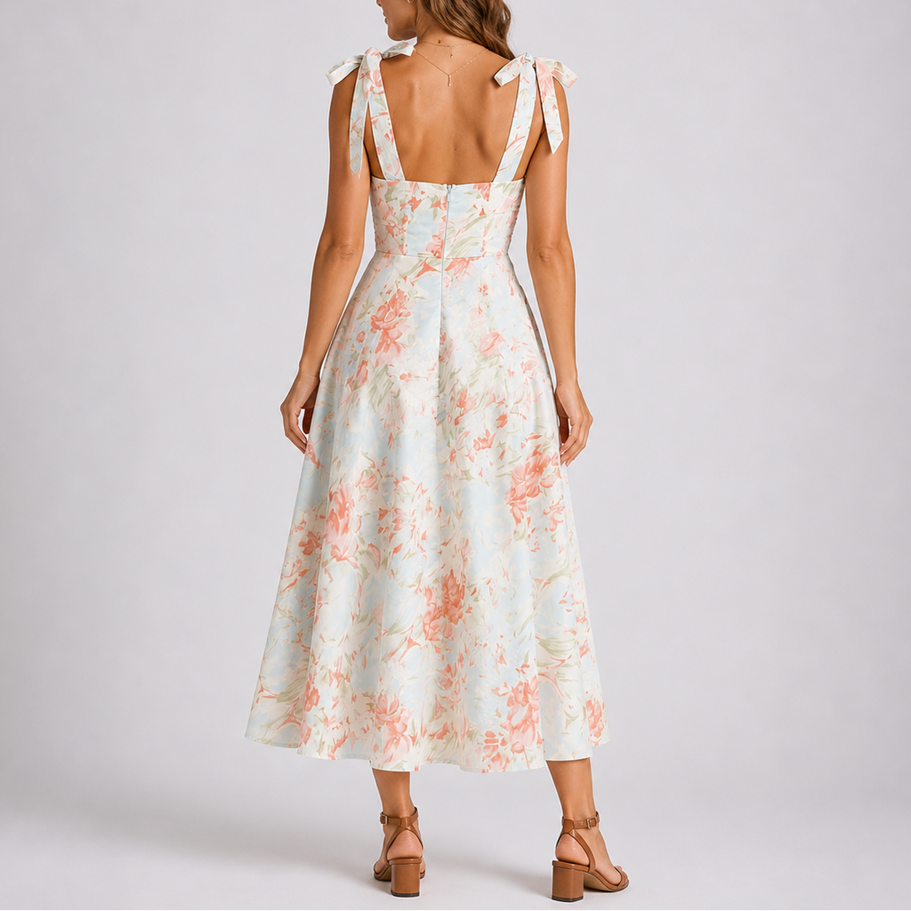 Women's Floral Midi Dress with Tie Shoulders