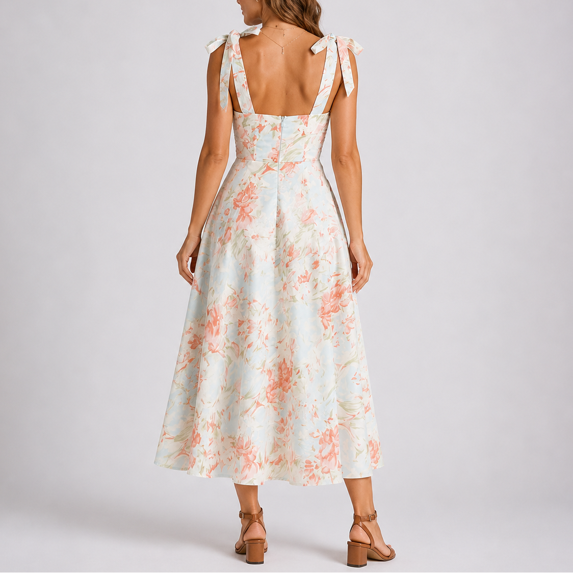 Women's Floral Midi Dress with Tie Shoulders