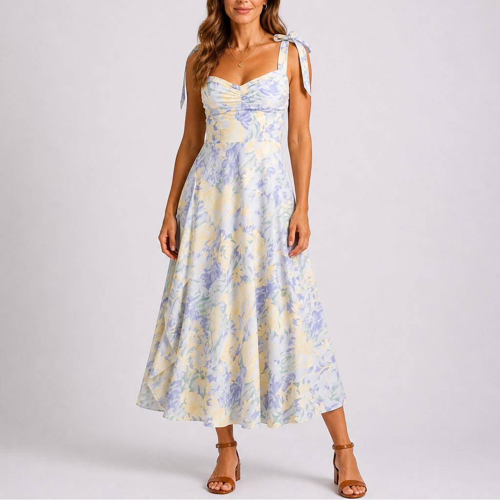 Women's Floral Midi Dress with Tie Shoulders