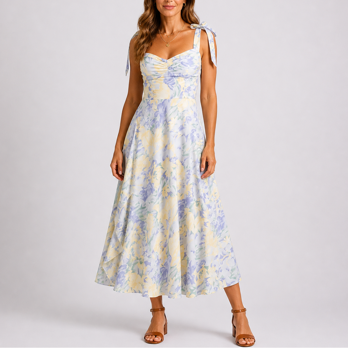 Women's Floral Midi Dress with Tie Shoulders