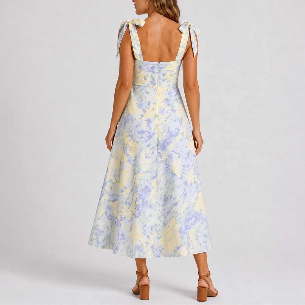 Women's Floral Midi Dress with Tie Shoulders