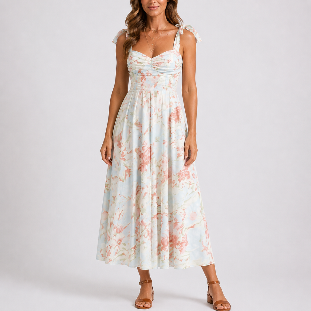 Women's Floral Midi Dress with Tie Shoulders