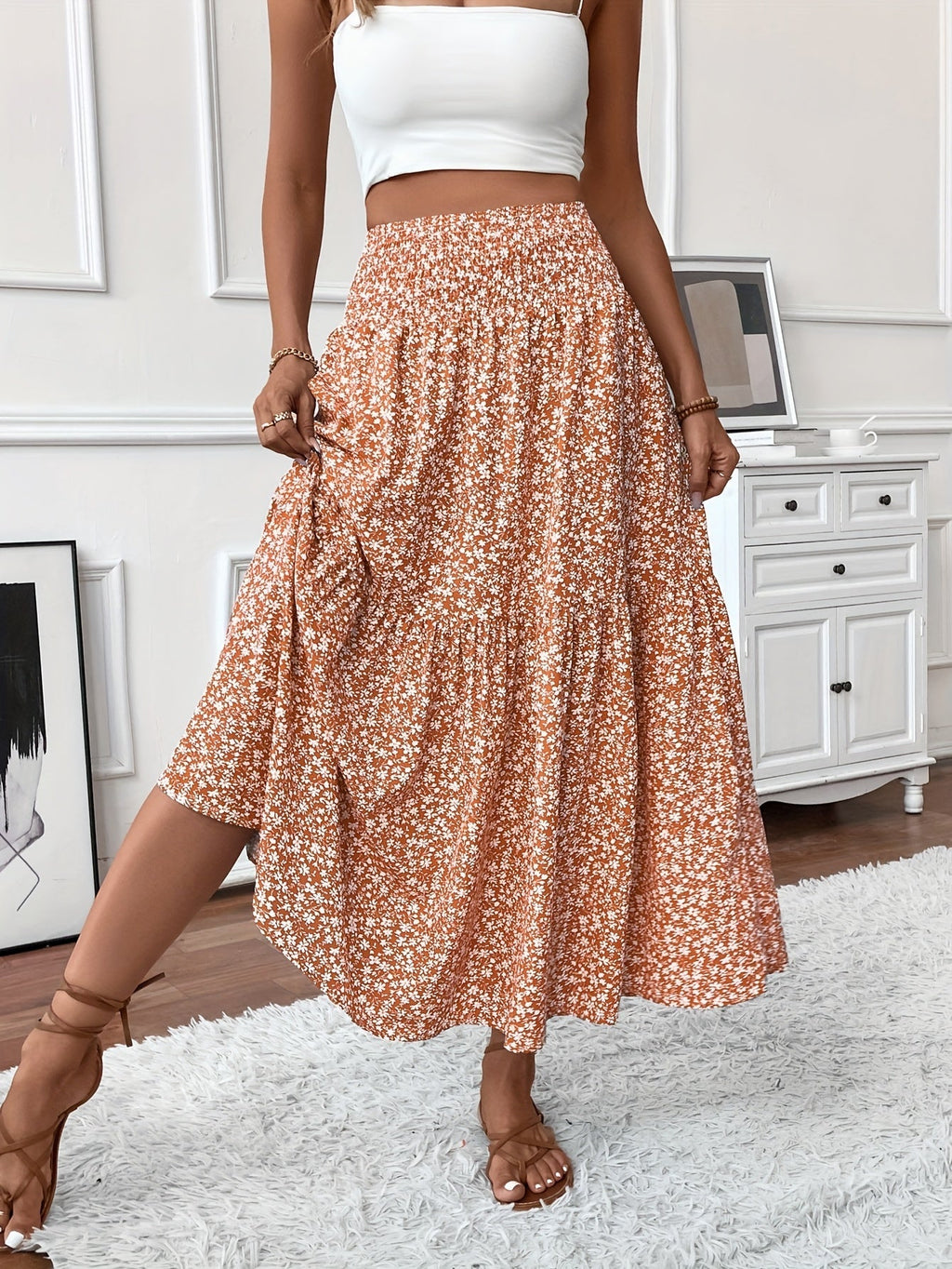 Women's Floral Midi Skirt in A-Line Style
