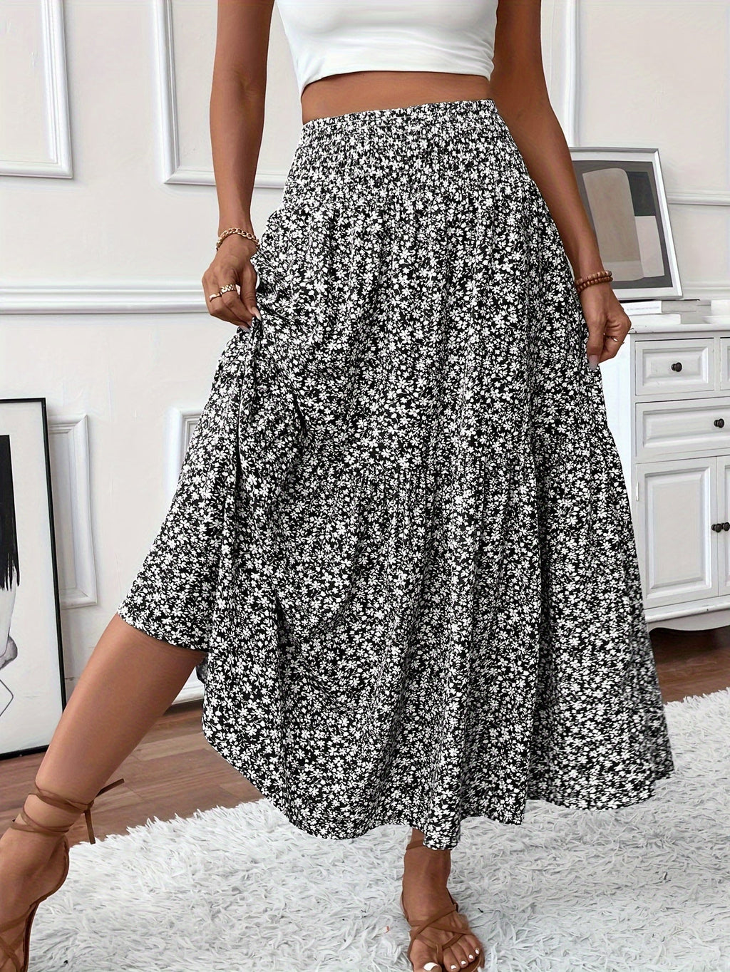 Women's Floral Midi Skirt in A-Line Style