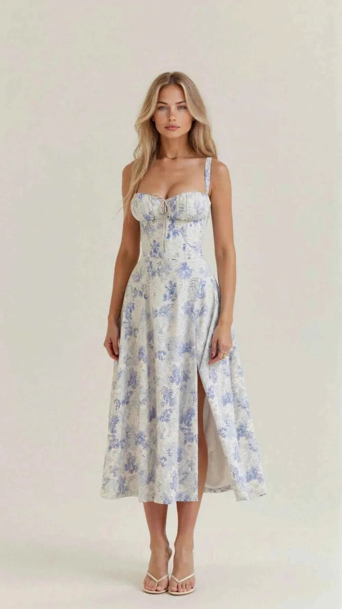 Women's Floral Midi Summer Dress with Ruffled Bodice