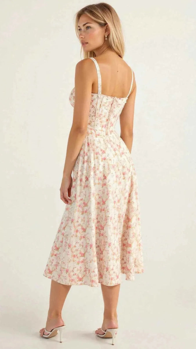 Women's Floral Midi Summer Dress with Ruffled Bodice