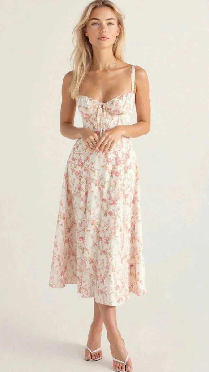 Women's Floral Midi Summer Dress with Ruffled Bodice