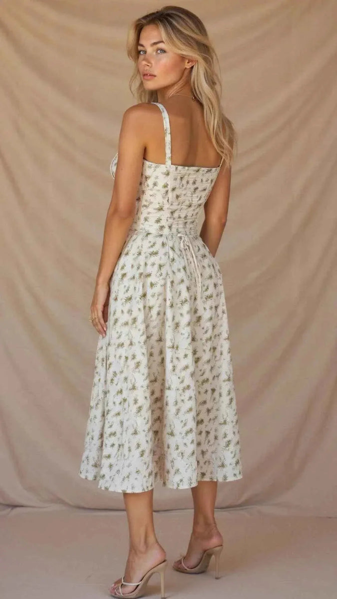 Women's Floral Midi Summer Dress with Ruffled Bodice