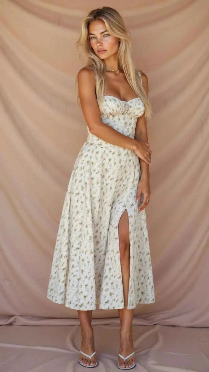 Women's Floral Midi Summer Dress with Ruffled Bodice