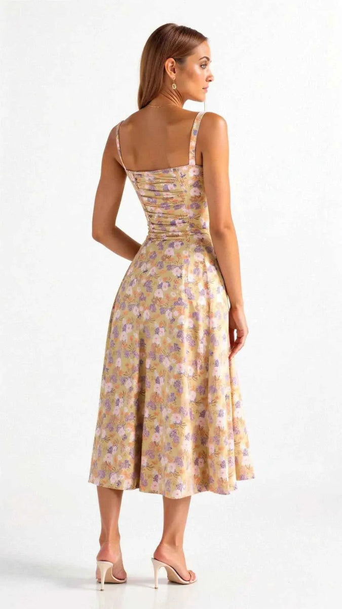 Women's Floral Midi Summer Dress with Ruffled Bodice