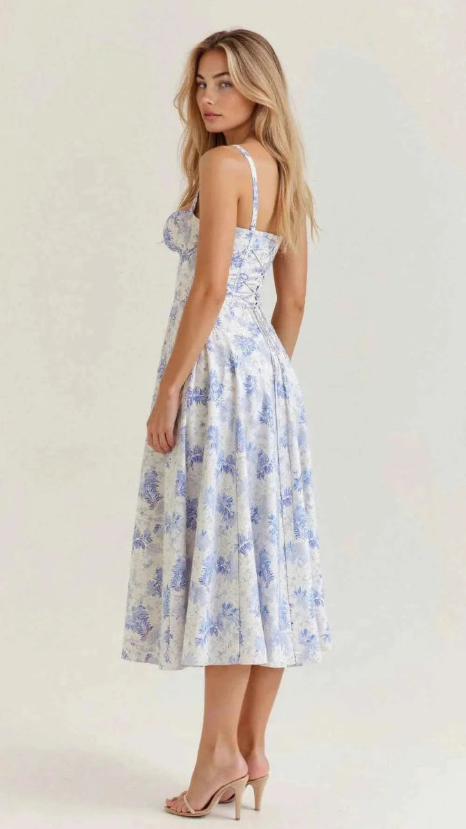 Women's Floral Midi Summer Dress with Ruffled Bodice