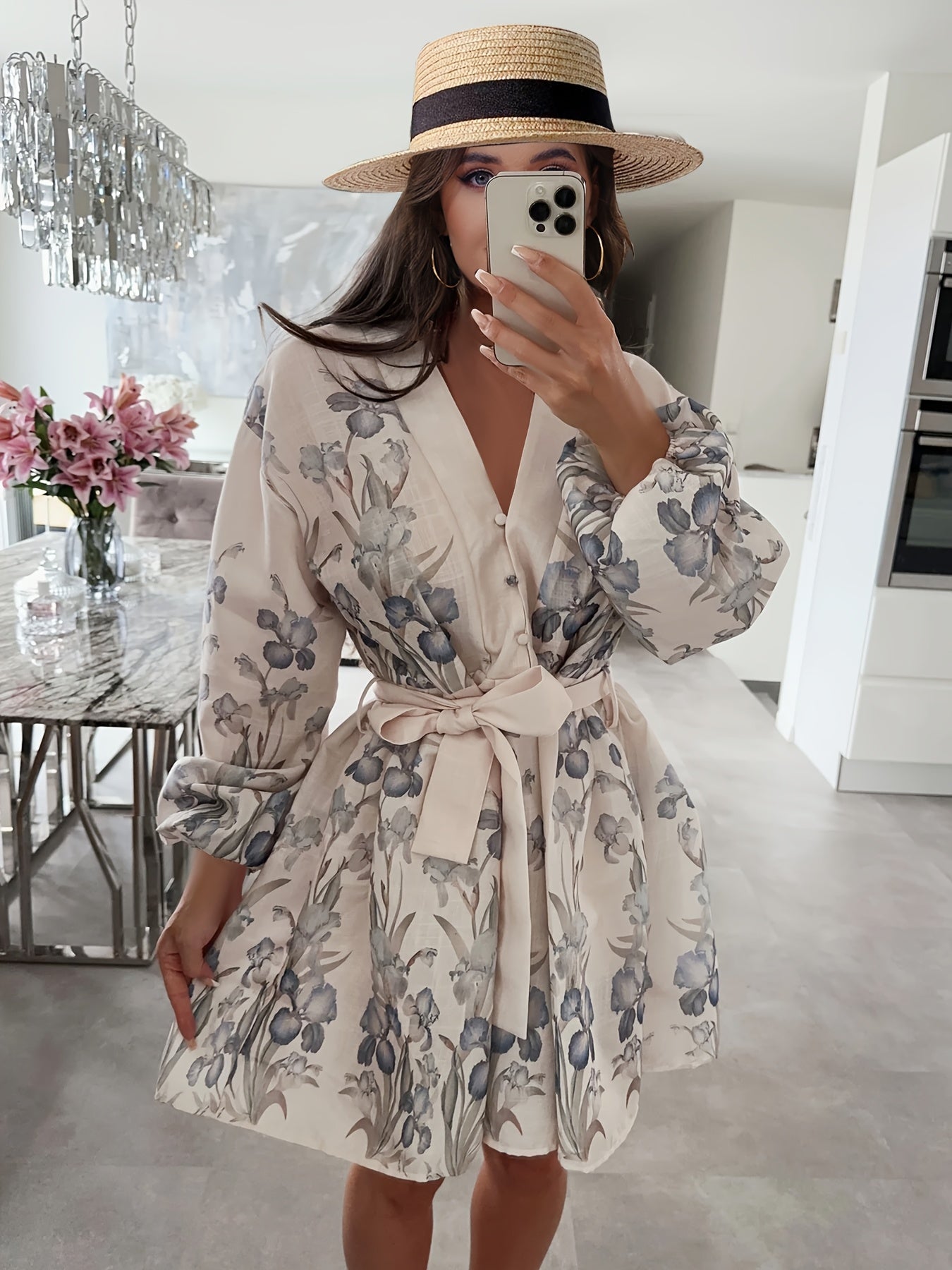 Women's Floral Print Blouse Midi Dress