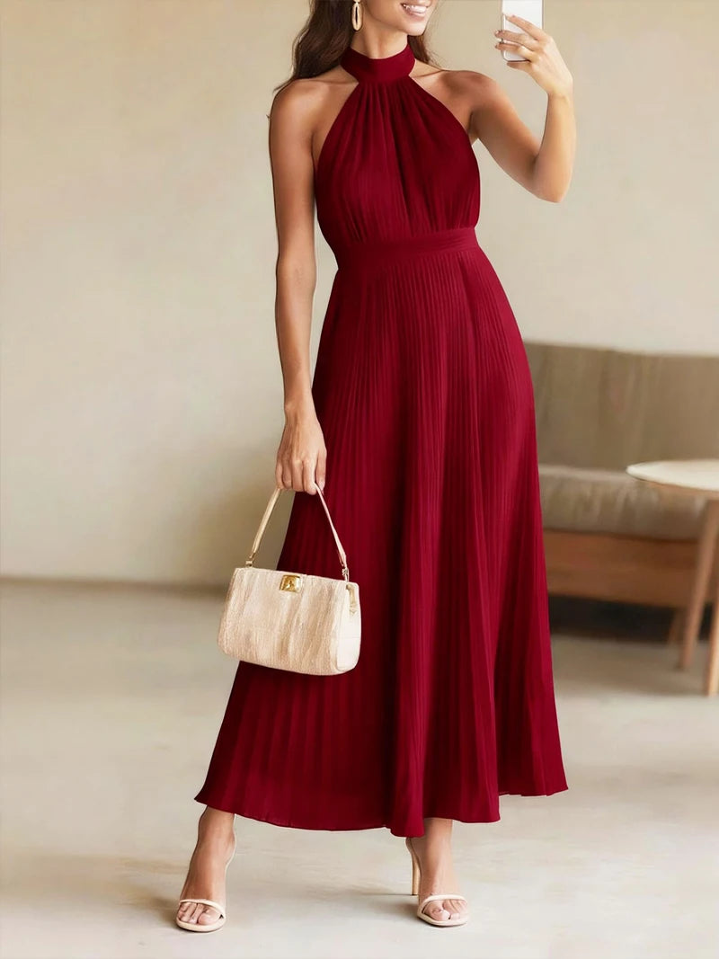 Women's Halter Pleated Evening Maxi Dress