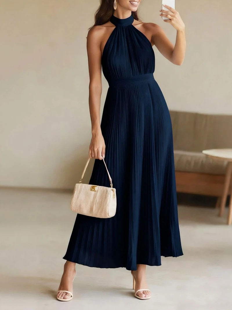 Women's Halter Pleated Evening Maxi Dress