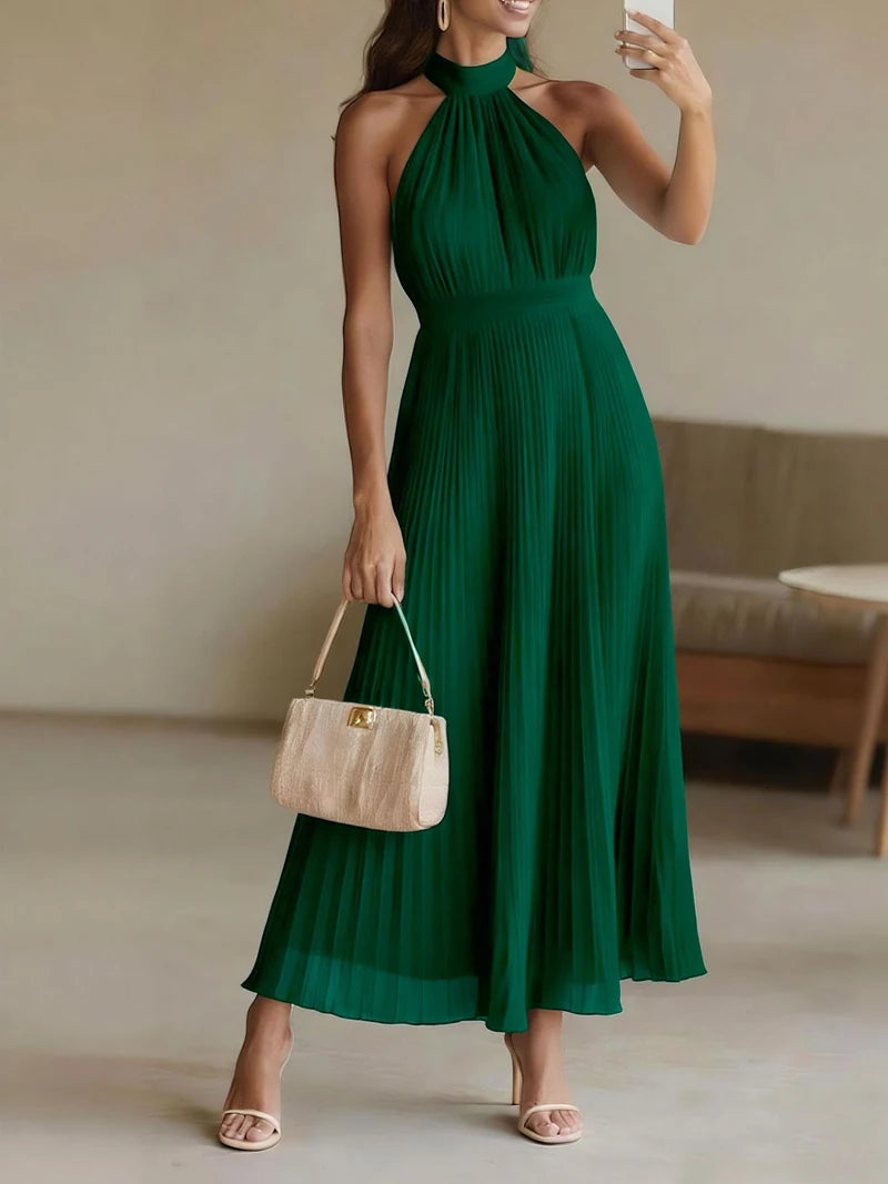 Women's Halter Pleated Evening Maxi Dress