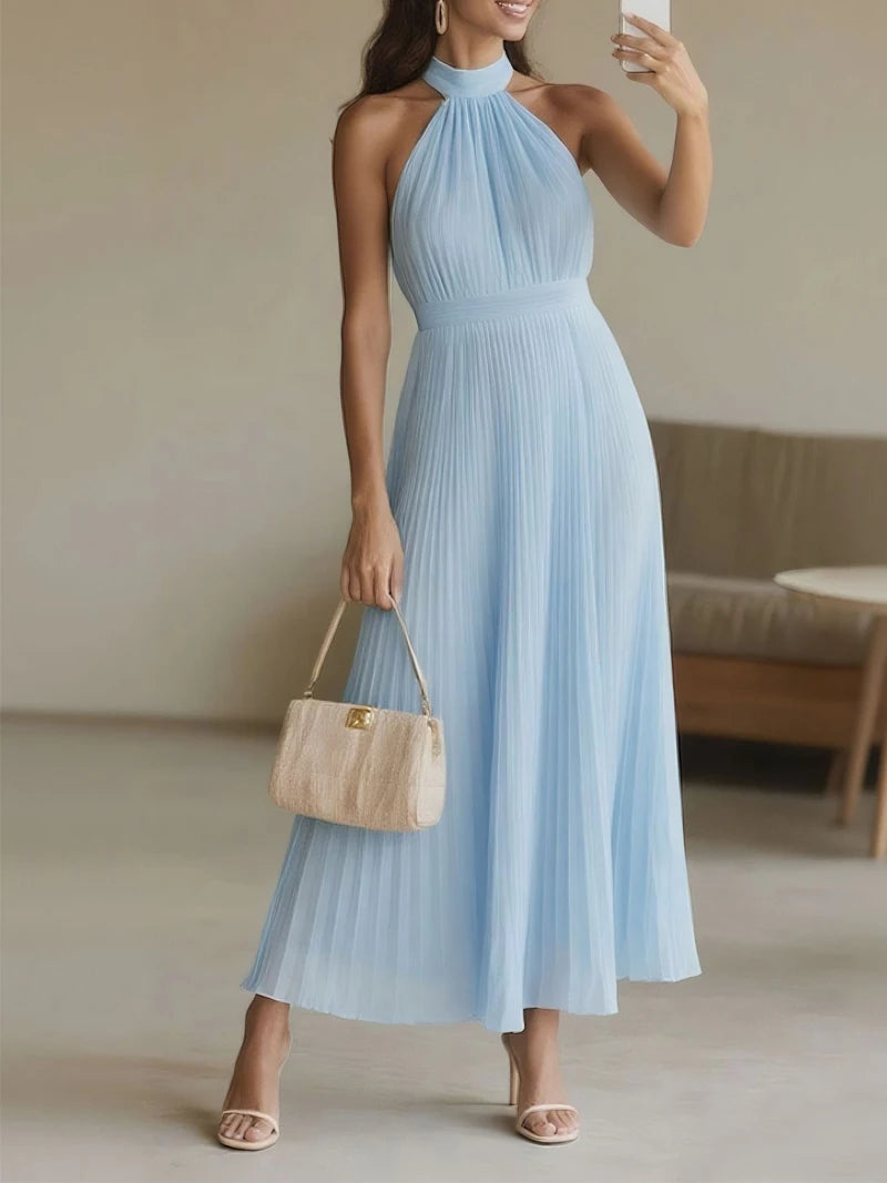 Women's Halter Pleated Evening Maxi Dress