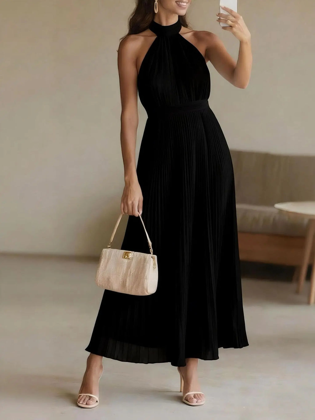 Women's Halter Pleated Evening Maxi Dress