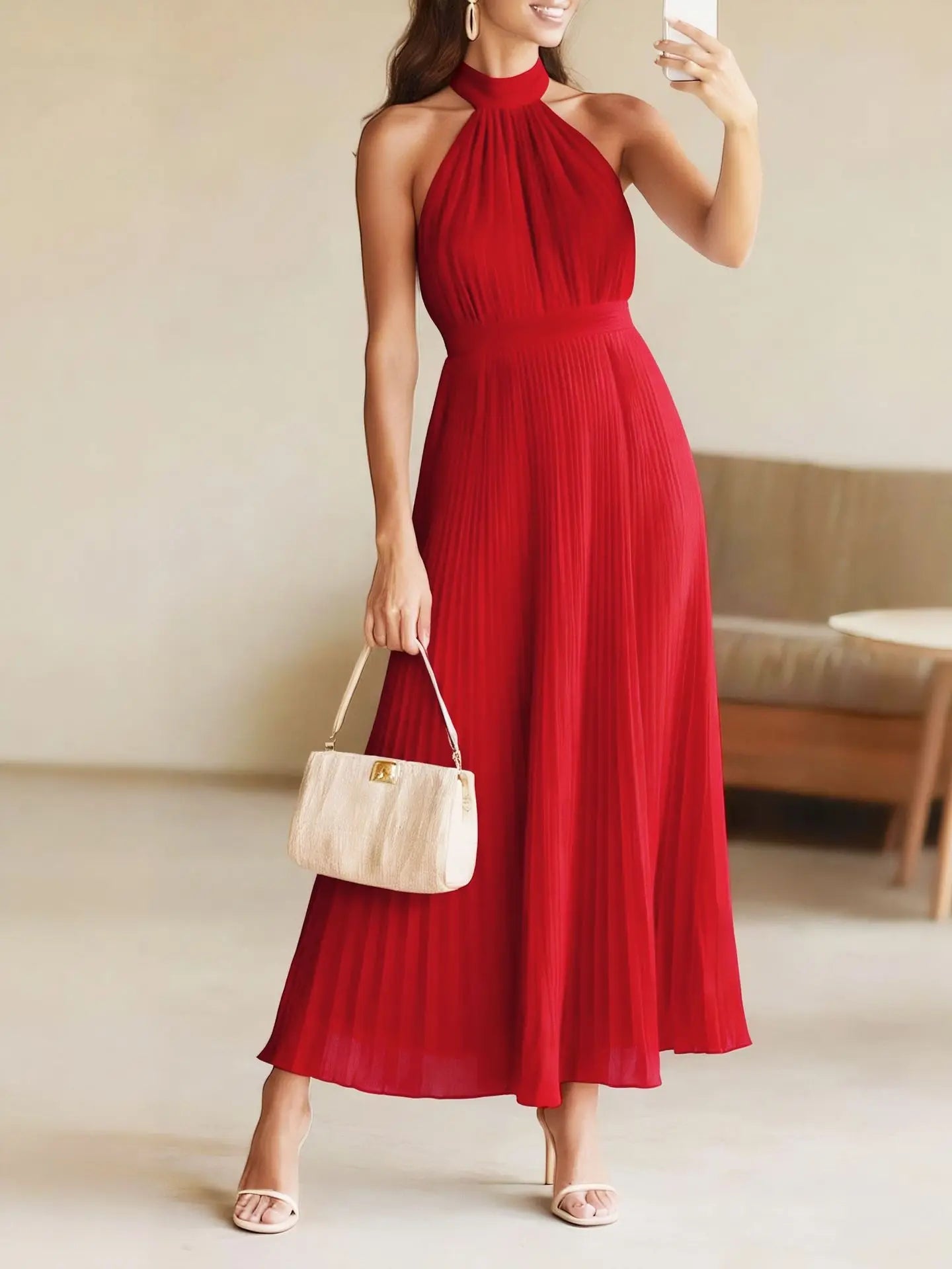 Women's Halter Pleated Evening Maxi Dress
