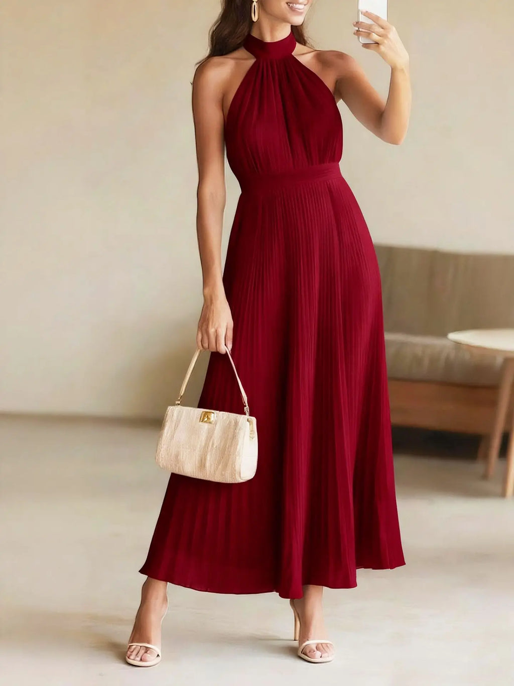 Women's Halter Pleated Evening Maxi Dress