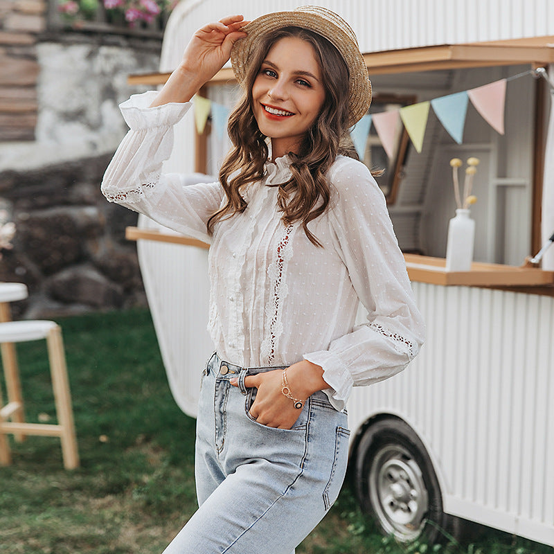 Women's Lace Trim Long Sleeve Blouse