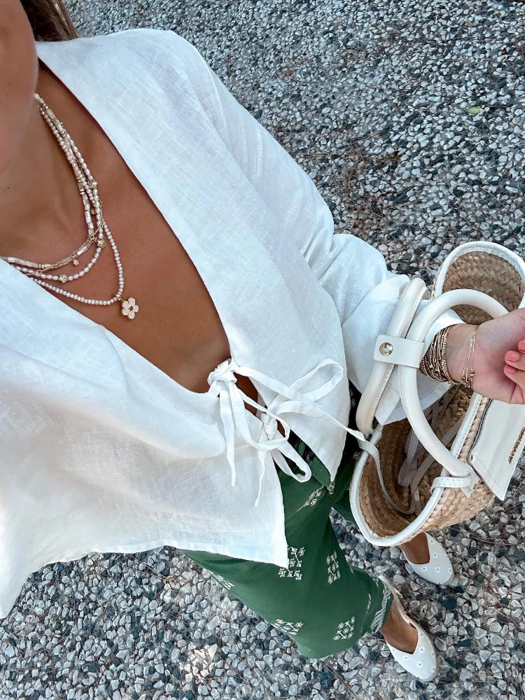 Women's Lace-Up Crop Top with Long Sleeves