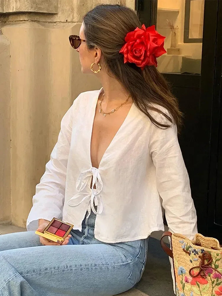 Women's Lace-Up Crop Top with Long Sleeves