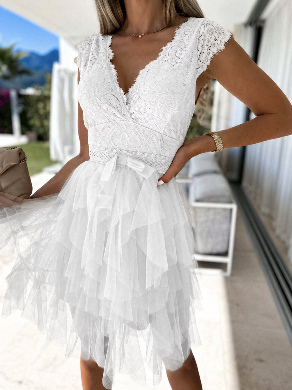 Women's Layered Cocktail Dress with Lace Bodice