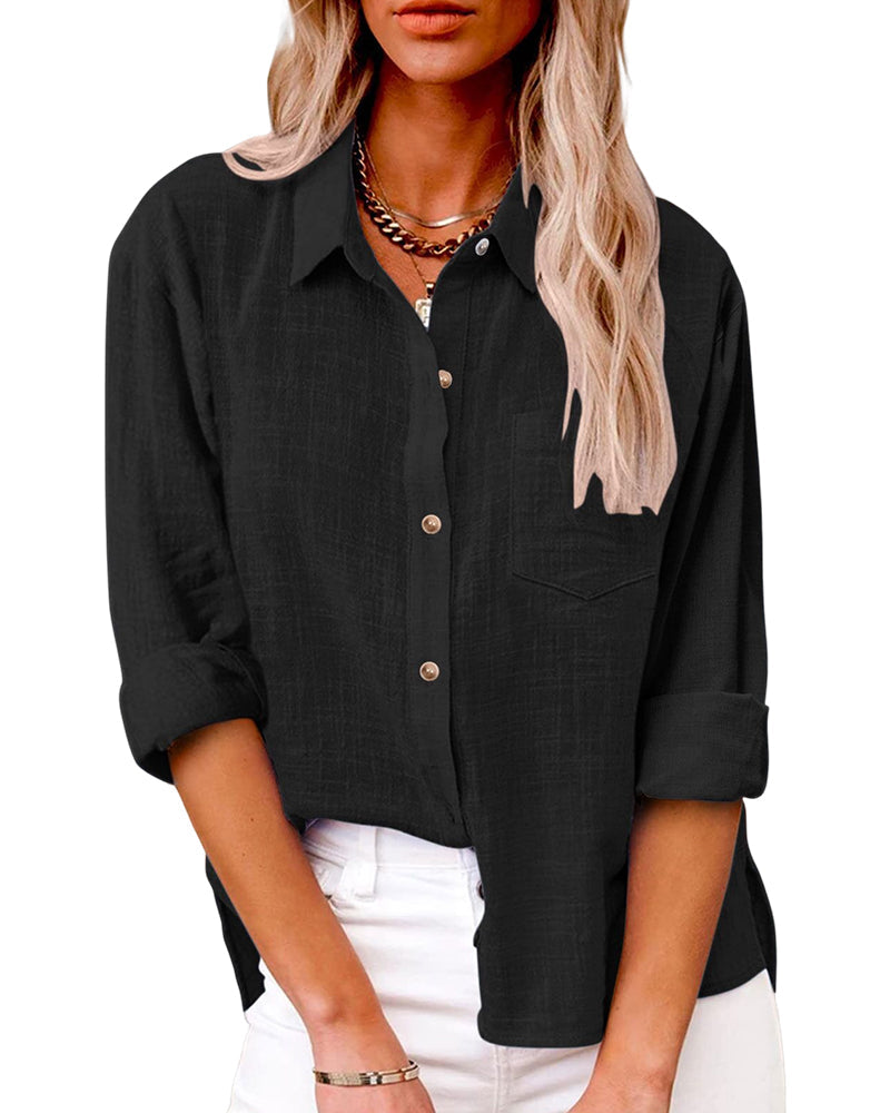 Women's Long Sleeve Casual Blouse with Chest Pockets