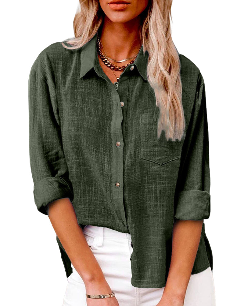 Women's Long Sleeve Casual Blouse with Chest Pockets