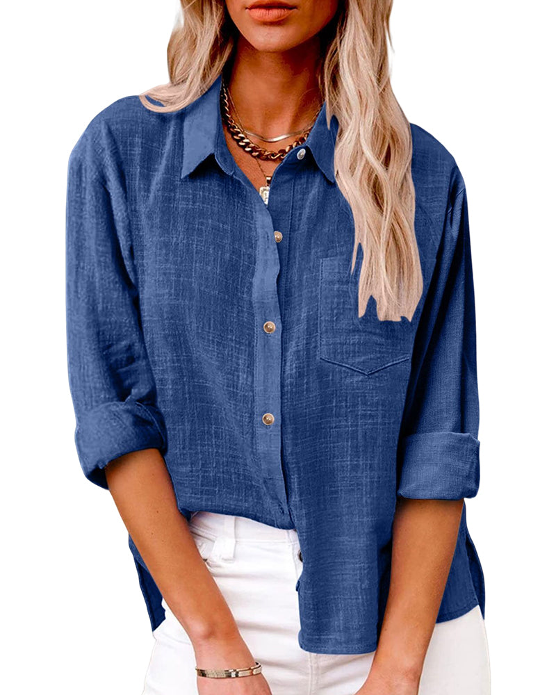 Women's Long Sleeve Casual Blouse with Chest Pockets