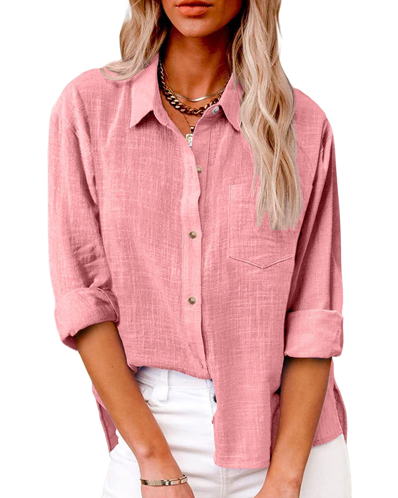 Women's Long Sleeve Casual Blouse with Chest Pockets