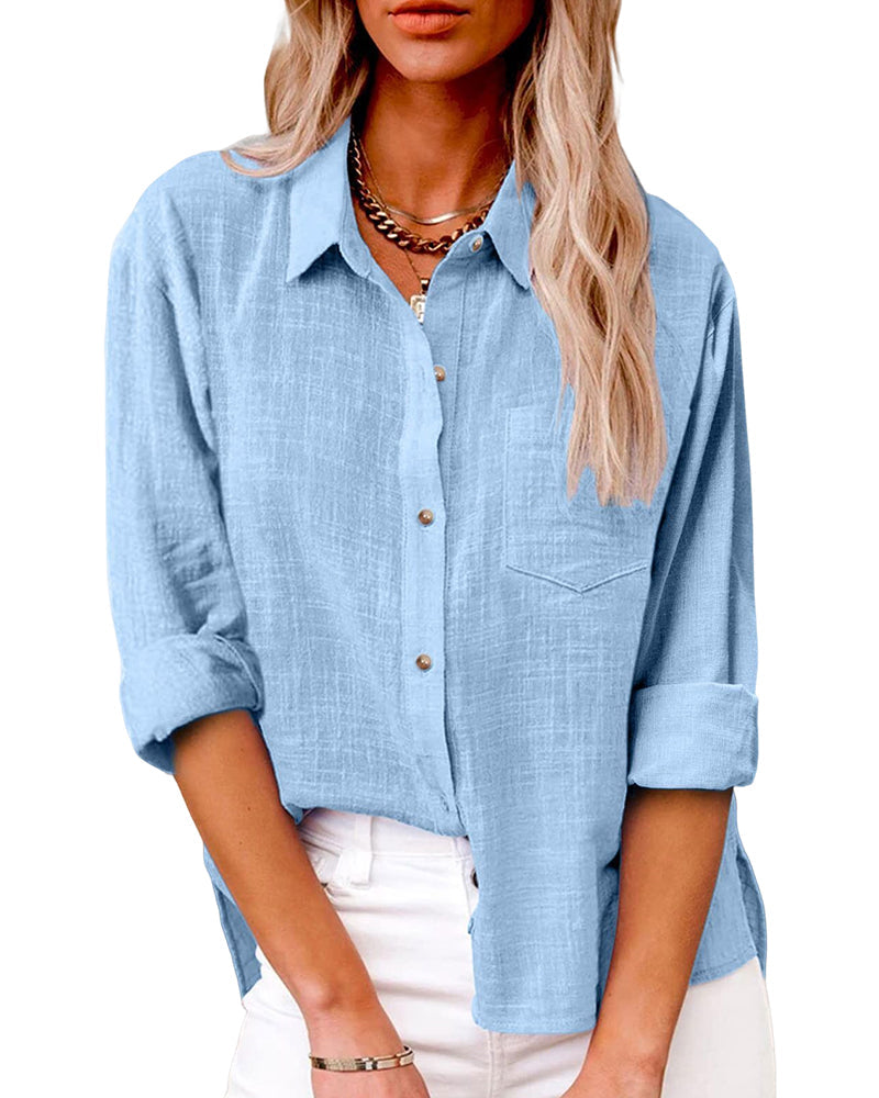 Women's Long Sleeve Casual Blouse with Chest Pockets