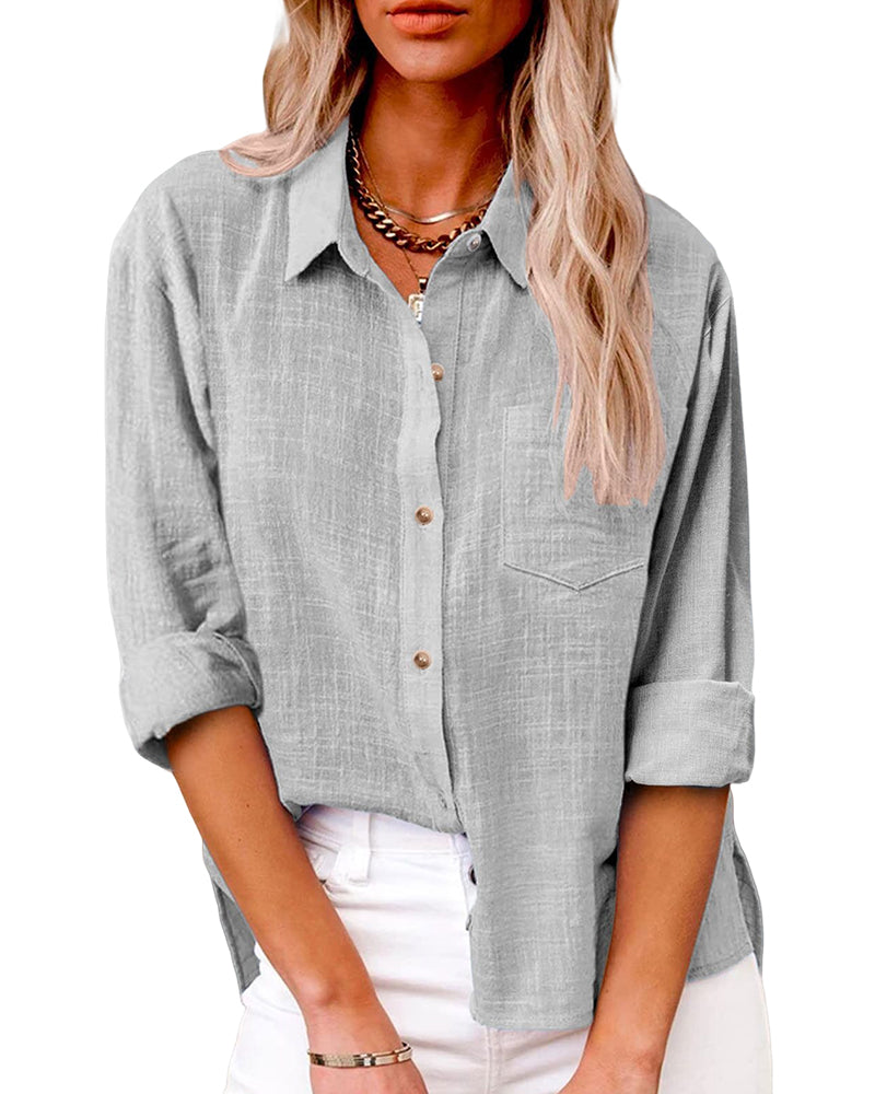Women's Long Sleeve Casual Blouse with Chest Pockets