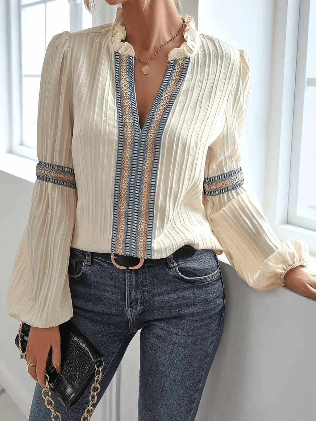 Women's Long Sleeve Pleated Blouse