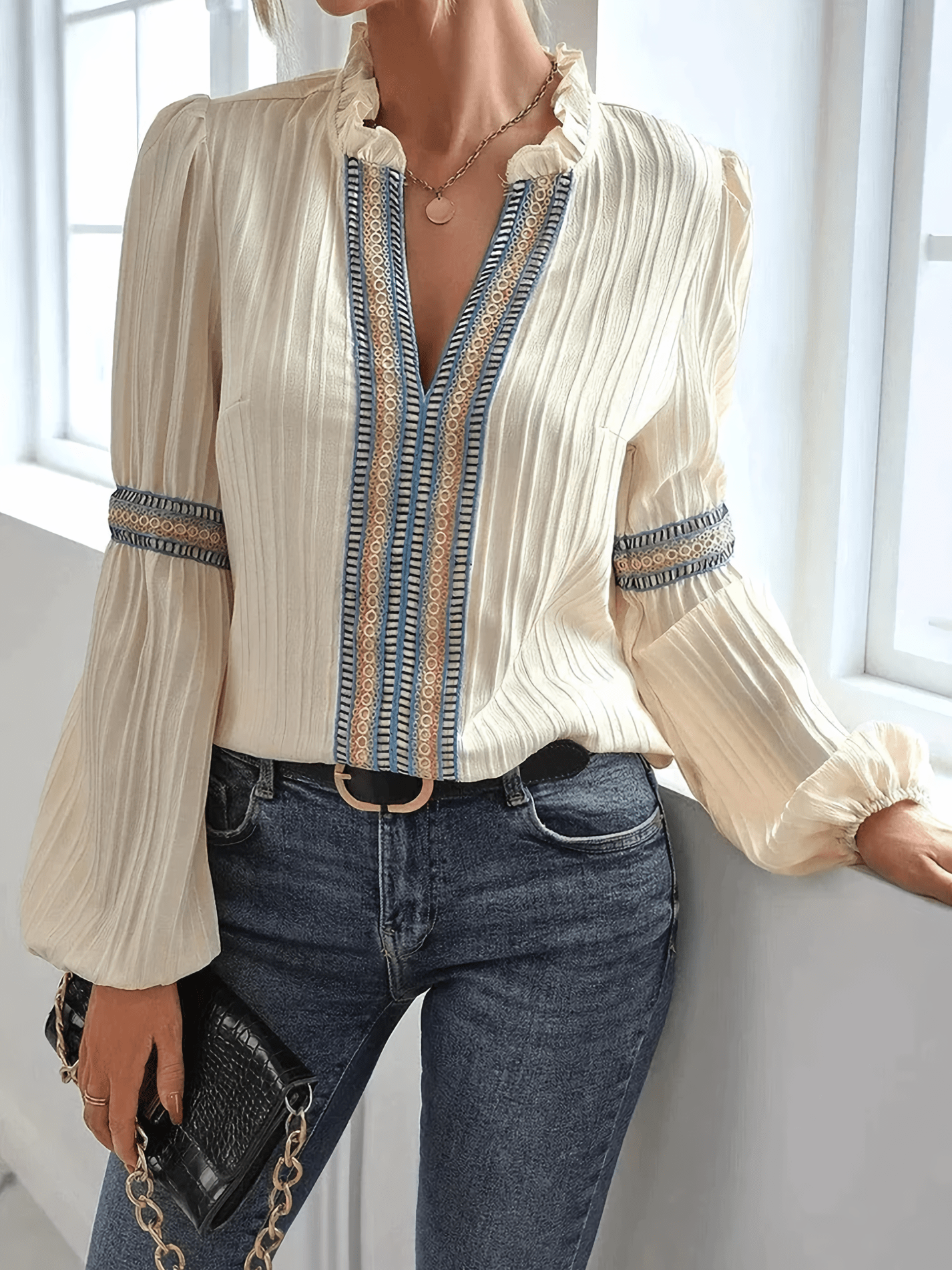 Women's Long Sleeve Pleated Blouse