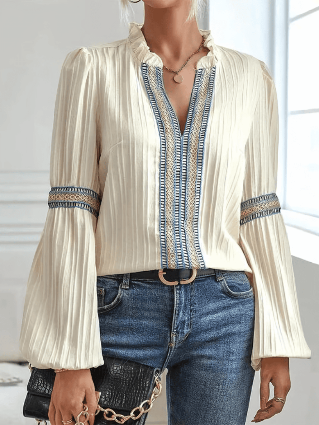 Women's Long Sleeve Pleated Blouse