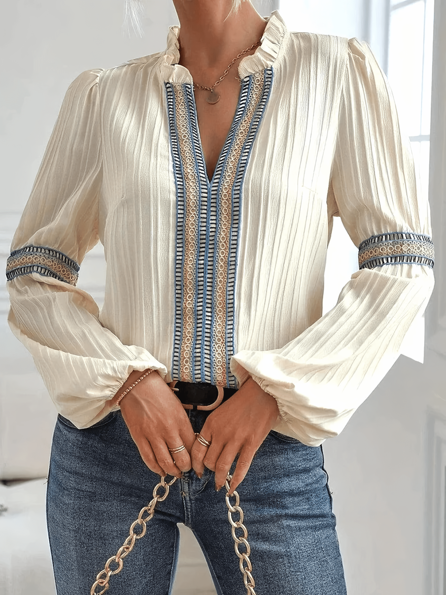 Women's Long Sleeve Pleated Blouse