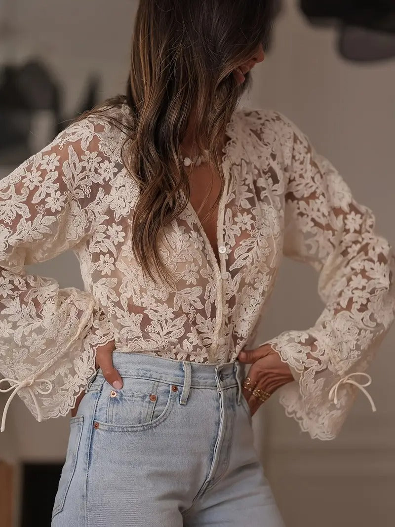 Women's Long Sleeve V-Neck Blouse with Floral Lace