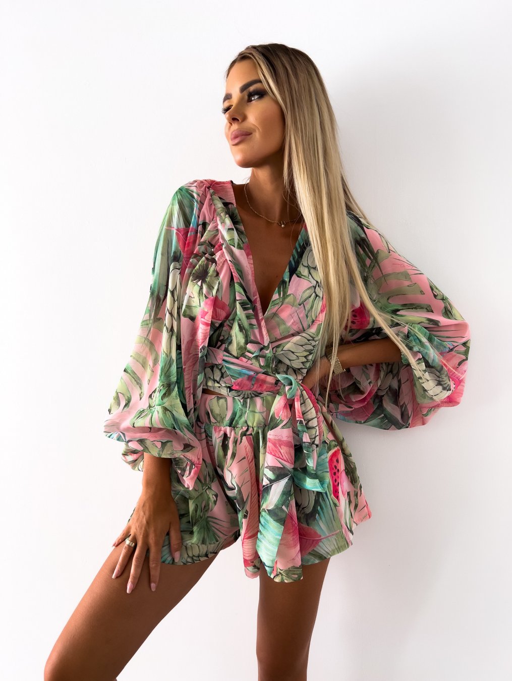 Women's Loungewear V-Neck Balloon Sleeve Short Set